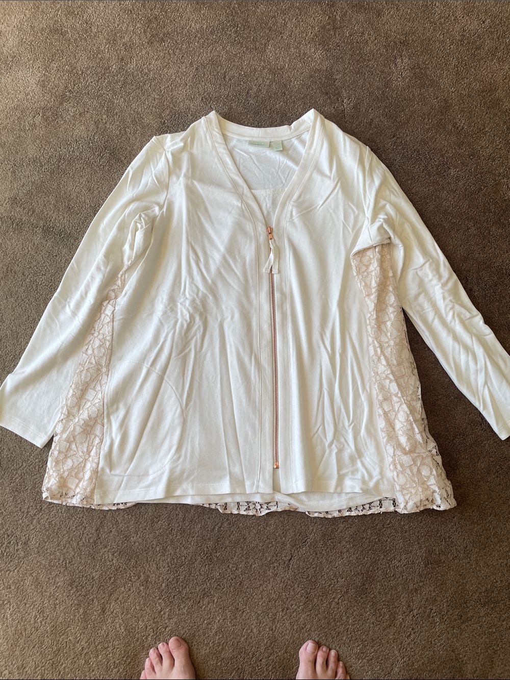 Women's White Lace-Panel Zip-Front Top